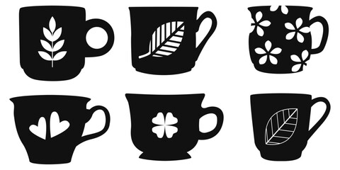 set of black coffee mug silhouettes featuring decorative leaf floral heart and clover patterns.