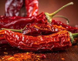 Close-up of dried, vibrant red peppers with powdered spice
