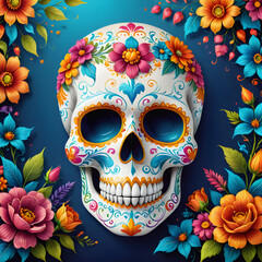 Colorful sugar skull illustration with vibrant floral decorations