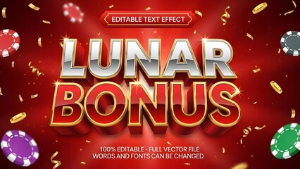 Lunar bonus editable text effect with poker chips and gold confetti on red background