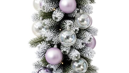 Festive frosted garland adorned with shimmering lavender and silver Christmas ornaments, creating a magical winter wonderland ambiance