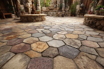 Elegant stone floor design with hexagonal tiles in natural setting