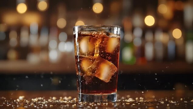 Refreshing Cola Beverage with Ice Cubes Splashing in a Glass on Bar Countertop Scenery