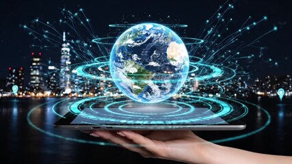 Digital transformation: a hand holds a tablet projecting a holographic earth globe over a futuristic city skyline - Powered by Adobe