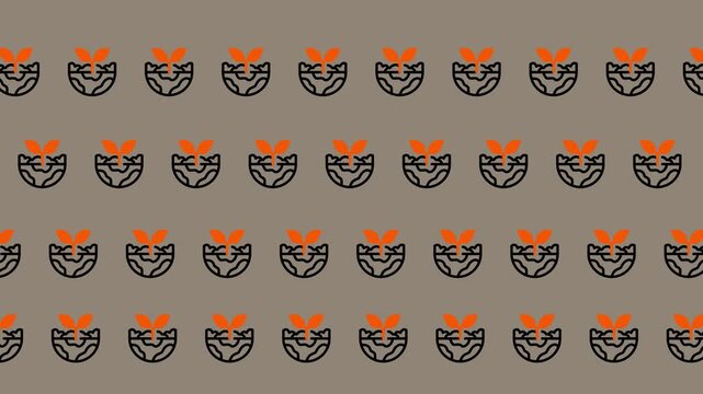 Seamless pattern of abstract tribal masks with orange tops on a muted background.
