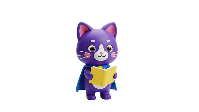 3D Cute 3D cartoon cat in a superhero cape reading a book on transparent background