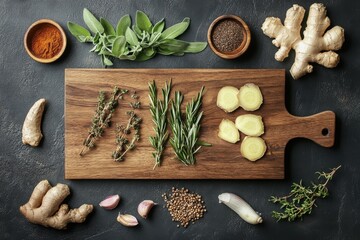Fototapeta premium Fresh Herbs and Spices on Wooden Cutting Board with Ingredients