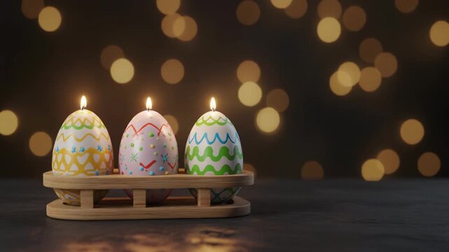 Lit colored egg-shaped candles in wooden holder on dark bokeh background.