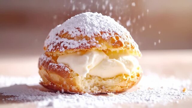 Decadent cream puff dusted with fine powdered sugar for a sweet dessert moment