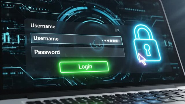 P128-User login interface on laptop screen with secure password entry and neon padlock icons on modern da 4K 10s