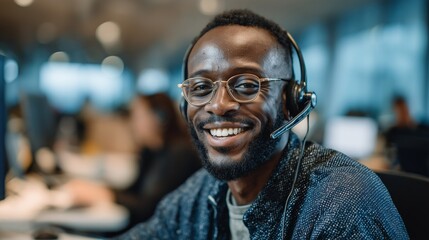 Friendly agent providing customer service and support in a modern call center