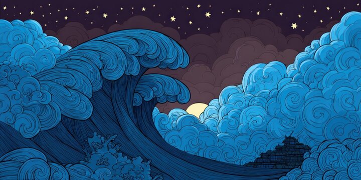 Stylized illustration of ocean waves at night with stars and clouds