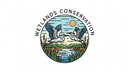Wetlands conservation logo with flying herons and serene landscape