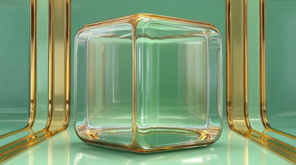 Transparent cube encased in a mint green space, accented by gold stripes