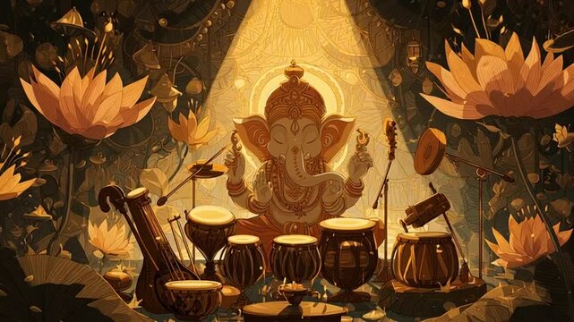 Ganeshas rhythmic serenity amidst lotus bloom