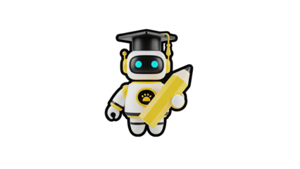 3D Cute robot student with graduation cap holding a pencil on transparent background