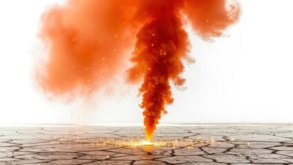 A fiery orange explosion erupts from cracked earth against a bright white background