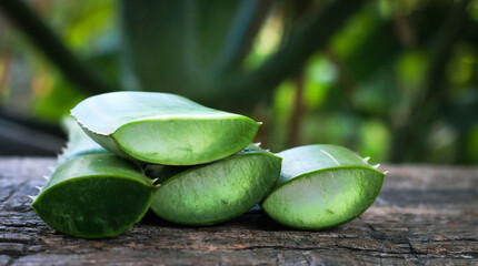 Aloe vera leaves resting on old wooden boards, natural look, room for design or text.