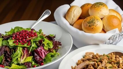 A plated salad with pomegranate, a basket of rolls, and a side of pasta