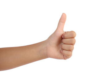 Female hand tapping thumbs-up icon, like and subscribe action, simple design.. isolated on white background.