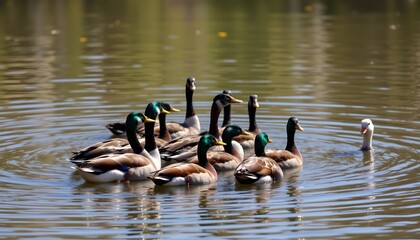 A group of Canadian geese floating on calm water within a natural setting.