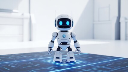 A white, cartoon-like robot stands on a blue grid, in a bright, futuristic setting