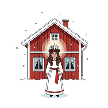 Saint lucia girl standing outside a traditional red swedish house.