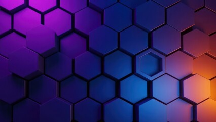 Abstract, geometric honeycomb structure with varying shades of purple, blue, and orange