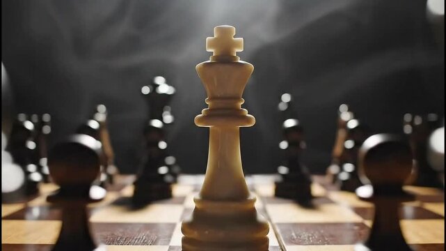 A strategic battle unfolds on the chess board with the white king as the central figure
