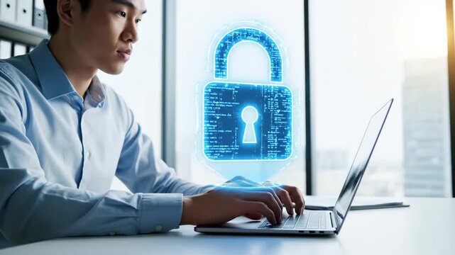 P158-Person using laptop with digital padlock symbol overlay on light background representing online dat 4K 10s