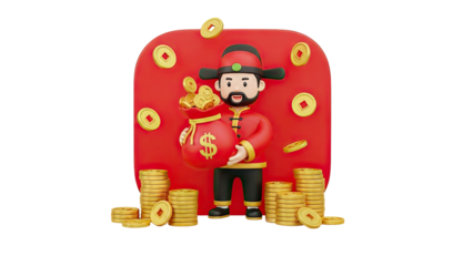 3D Cartoon Man in Red Traditional Outfit Holding Bag of Money on transparent background