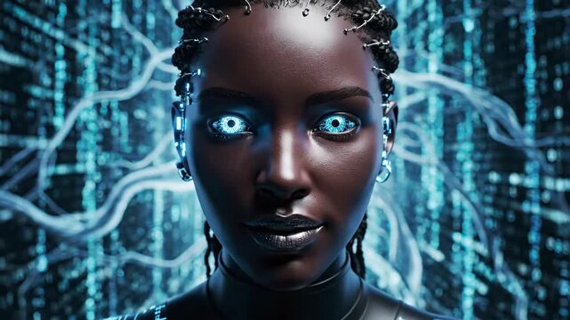 Cybernetic woman with glowing blue eyes facing forward