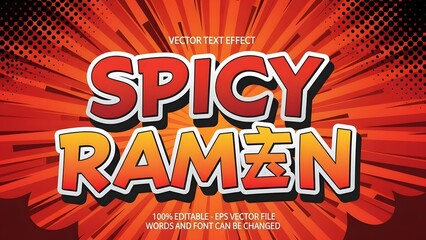 Spicy ramen vector text effect with bold red and orange gradient letters on abstract background