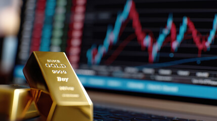 Gold bar investment price movement chart background on laptop screen shows market analysis and modern financial trading concept