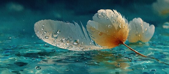 Feathers float on shimmering aqua water, glistening with water droplets