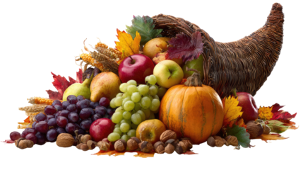 Traditional harvest cornucopia basket overflowing with fruits and vegetables on transparent background