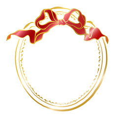 Vintage gold Frames decorated with red bow and ribbon, hand drawn ornamental frames badge and borders, Whimsical drawing golden antique ornate elegant decorative elements, png transparent background