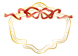Vintage gold Frames decorated with red bow and ribbon, hand drawn ornamental frames badge and borders, Whimsical drawing golden antique ornate elegant decorative elements, png transparent background