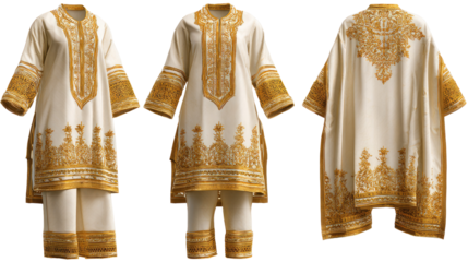 Traditional shalwar kameez with intricate golden zari work on transparent background