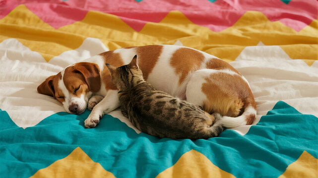 A Large, Lumpy Vibrant Blanket on a Sun-Drenched Bed Hiding Sleeping Pets