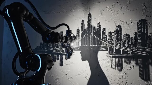 Robot arm approaches a silhouetted human face on textured wall