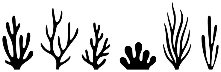 Obraz premium Black silhouettes of stylized coral and seaweed a white background