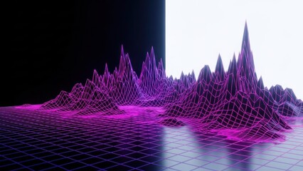 Digital landscape with neon pink gridlines resembling mountains against black and white background