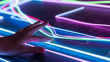 Hand interacting with glowing neon light streaks on a dark surface, representing technology and digital innovation