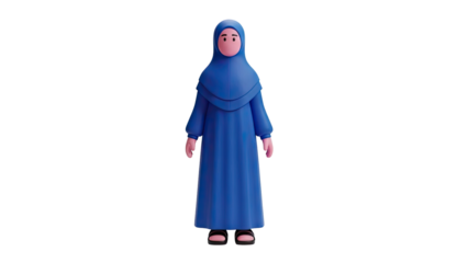 3D Cartoon Woman Wearing Blue Hijab and Dress on transparent background