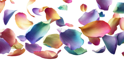Vibrant multicolor flower petals gracefully falling in mid air on transparent background