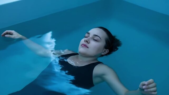 Woman floating on water with closed eyes for serene spa or relaxation themed video