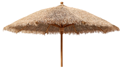 Eco-friendly bamboo and straw parasol for tropical patio or coastal decor.