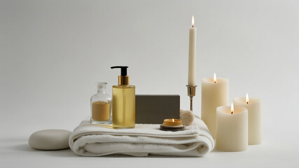 Spa Headrest Setup with Towel, Oil, and Candles Isolated on White Background