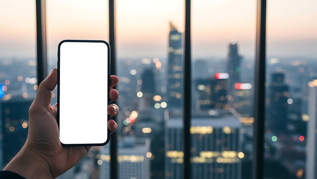 A hand holding a smartphone with a white screen in front of a blurred cityscape at sunset - Powered by Adobe